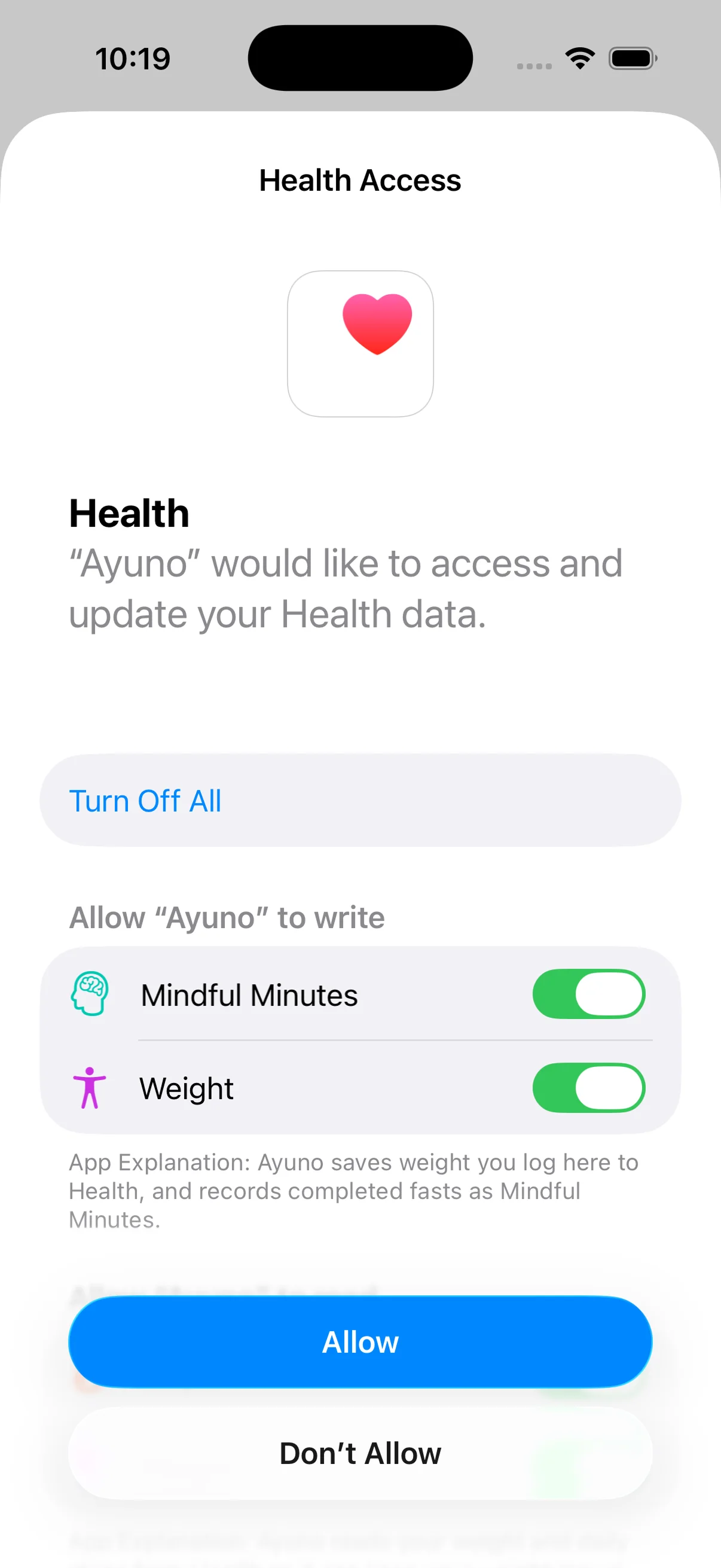 Apple Health permission screen showing Ayuno requesting access to update health data, with toggles for Mindful Minutes and Weight both enabled.
