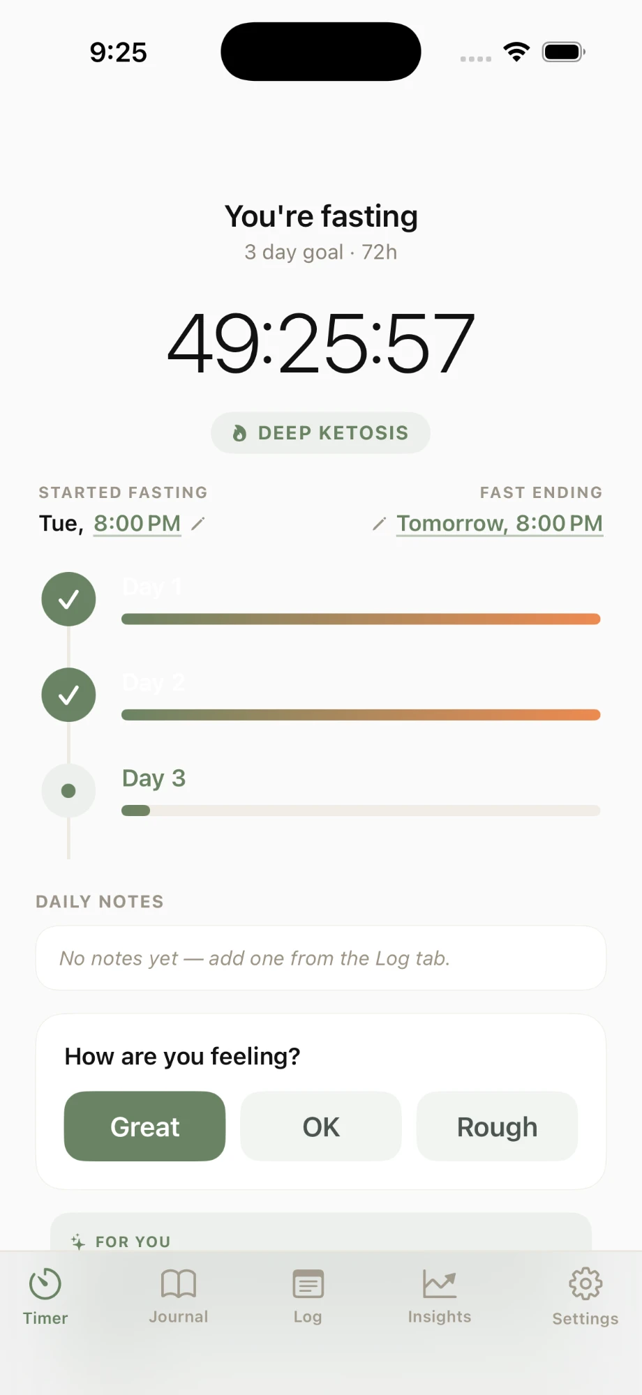 Ayuno screen showing a 3-day, 72-hour extended fast in progress, with per-day progress and a daily mood check-in.