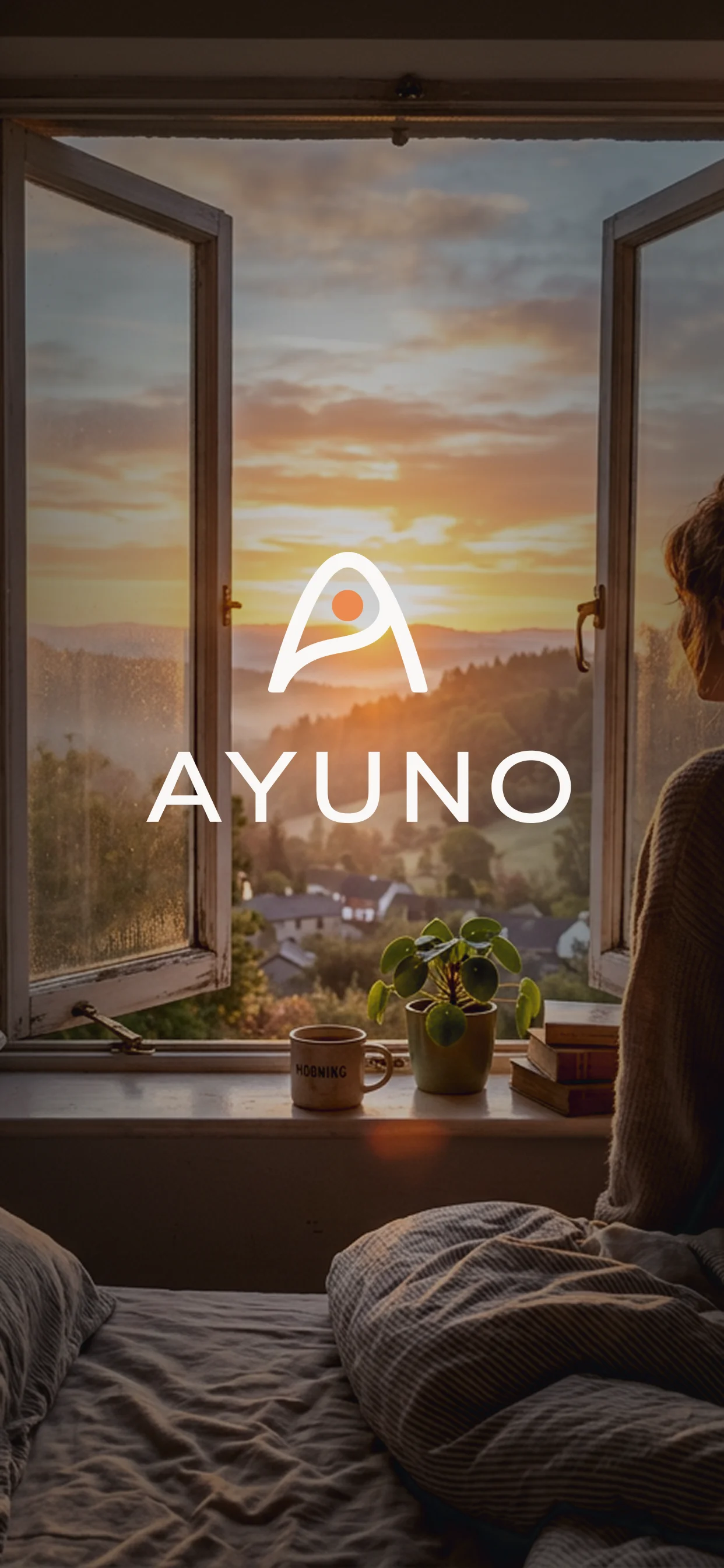 A calm sunrise view through an open window, with the Ayuno wordmark overlaid, evoking a quiet morning start.