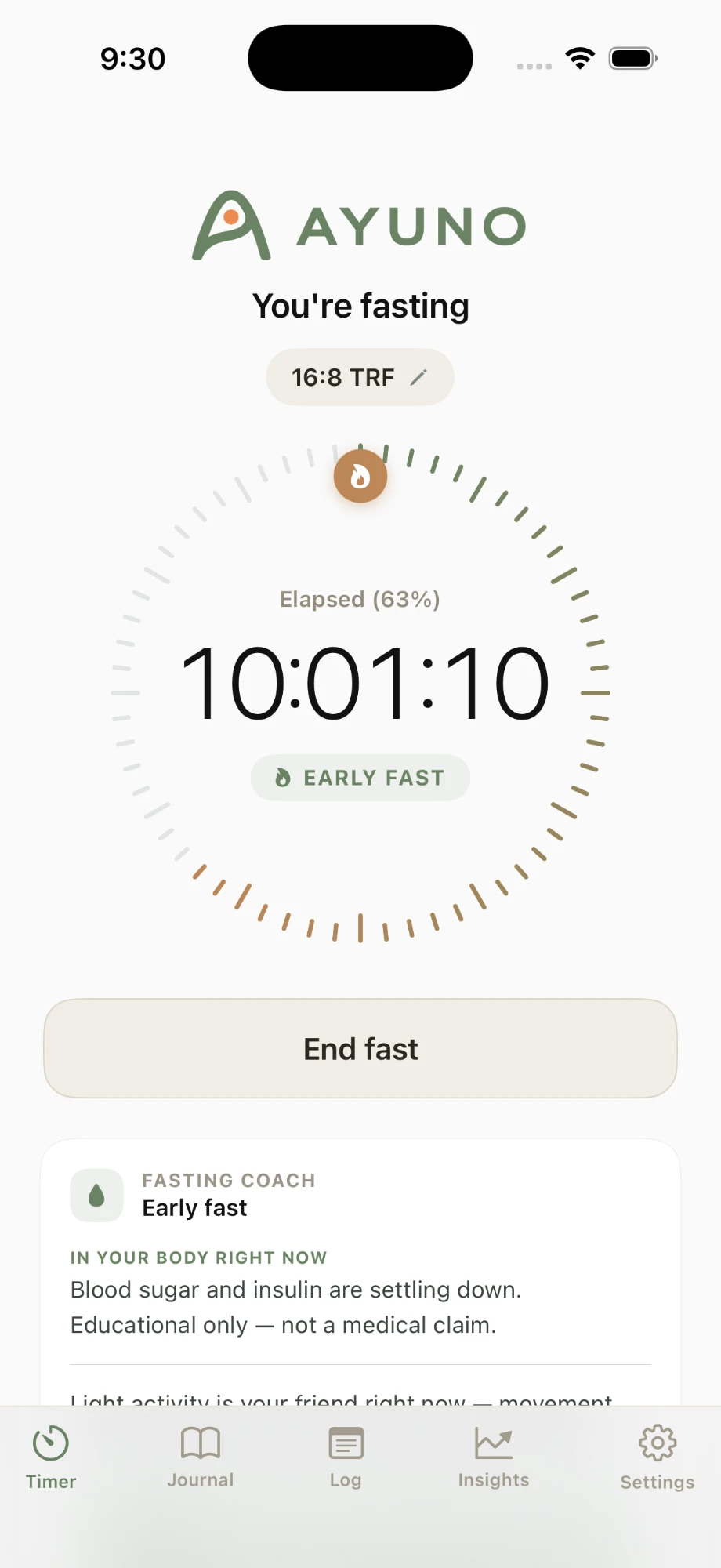 Ayuno timer screen showing a 16:8 fast at 63% elapsed, with the Fasting Coach card explaining what's happening in your body right now.